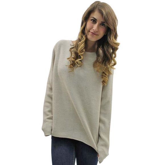 Beige Classic Knit Sweater With Chiffon Zippered Back - Picture 3 of 4